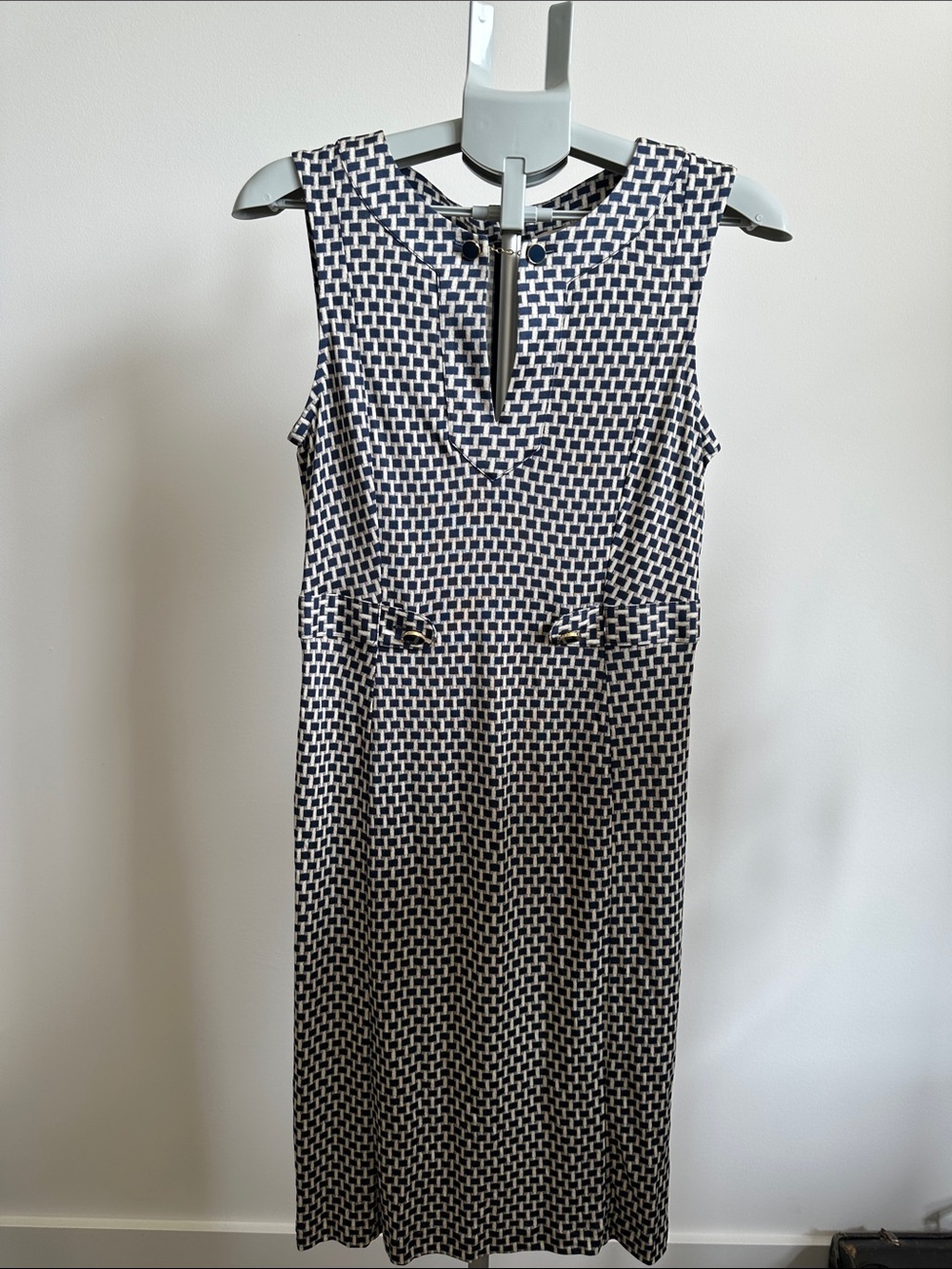 Tory Burch Navy and White Sleeveless Geometric Midi Dress